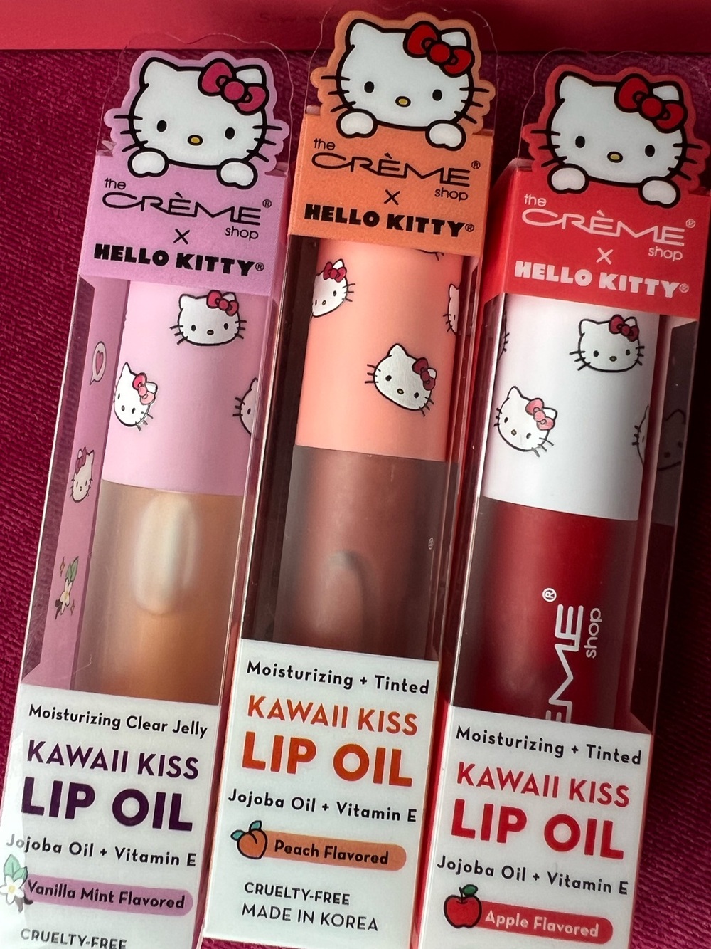 🆕 HELLO KITTY x The Crème Shop 3 Tinted Lip Oils Vanilla Mint Peach Apple Flavor